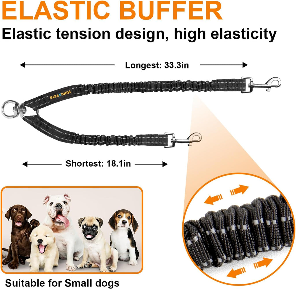 2 Dog Leash Coupler with Reflective Bungee & 360° Swivel Hooks