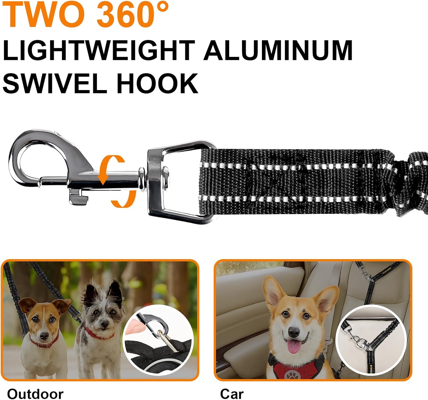 2 Dog Leash Coupler with Reflective Bungee & 360° Swivel Hooks