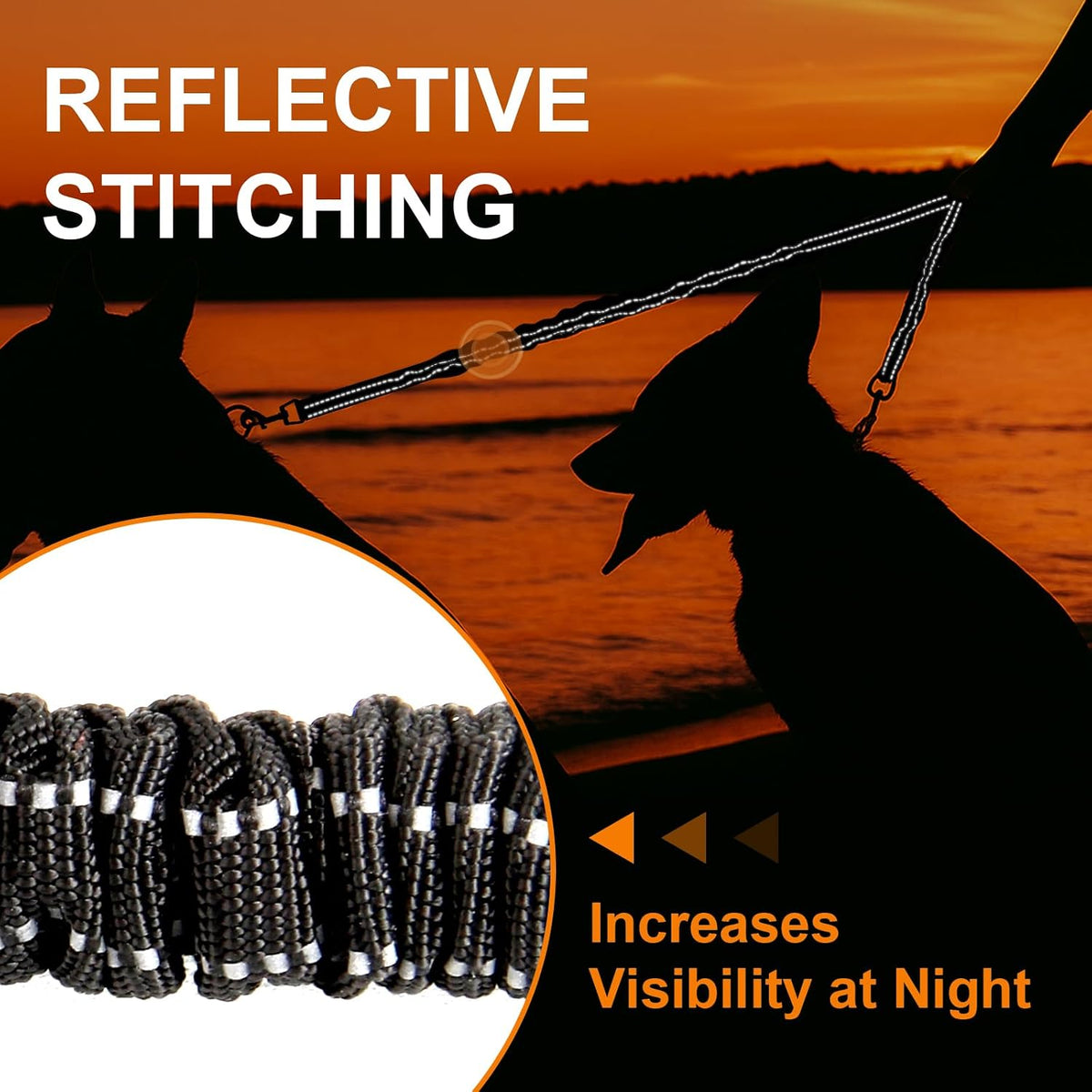 2 Dog Leash Coupler with Reflective Bungee & 360° Swivel Hooks